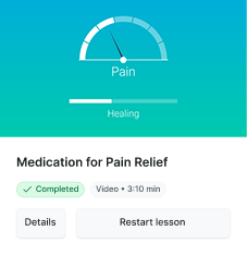 A pain gauge shows moderate pain and partial healing, with a completed "Medication for Pain Relief" lesson in medbridge software.
