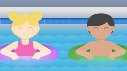 Two kids smiling and floating in a pool with pink and green inflatable rings.