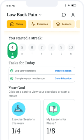 Mobile app screen showing a low back pain dashboard with streak tracker, daily tasks, and weekly goals—integrated with medbridge.