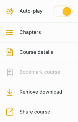 Menu with icons: auto-play on, chapters, course details, bookmark (off), remove download, and share; for medbridge courses.