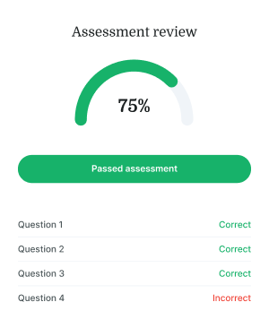 A medbridge gauge shows 75% completion, "Passed assessment," with three correct and one incorrect question.