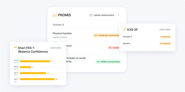 A digital dashboard from medbridge shows color-coded health scores for physical function, balance, and incontinence.