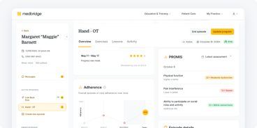 A dashboard shows hand occupational therapy details and metrics using medbridge digital healthcare.