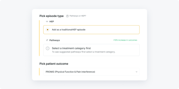 A medbridge screen shows episode type and outcome options with HEP, Pathways, and PROMIS selections for digital care.