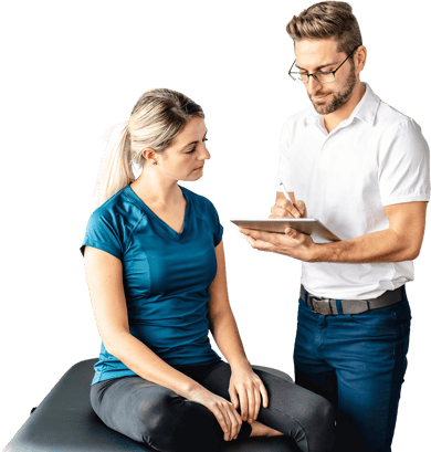 A man writes on a clipboard for Medbridge software as a woman watches attentively.