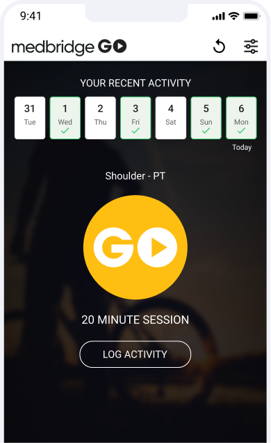 Medbridge app screen showing a "Shoulder - PT" 20 min session, yellow GO button, and "Log Activity" button below.