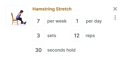 A woman on a chair does a hamstring stretch, following medbridge software guidance for daily 3x12 reps, 30 seconds each.