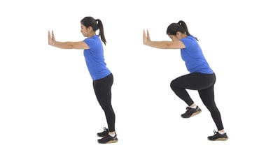 A woman in athletic wear demonstrates a wall push and knee lift exercise for medbridge healthcare training.