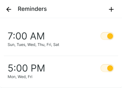 Reminders app screen shows medbridge alerts for 7:00 AM daily and 5:00 PM Mon, Wed, Fri, both toggled on.