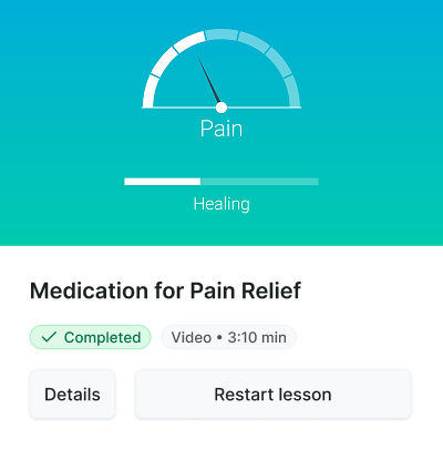 Patient care software screen showing a moderate pain meter, healing progress bar, and completed medbridge pain relief lesson.