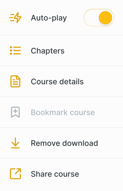 A medbridge menu with options: auto-play on, chapters, course details, disabled bookmark, remove download, and share course.
