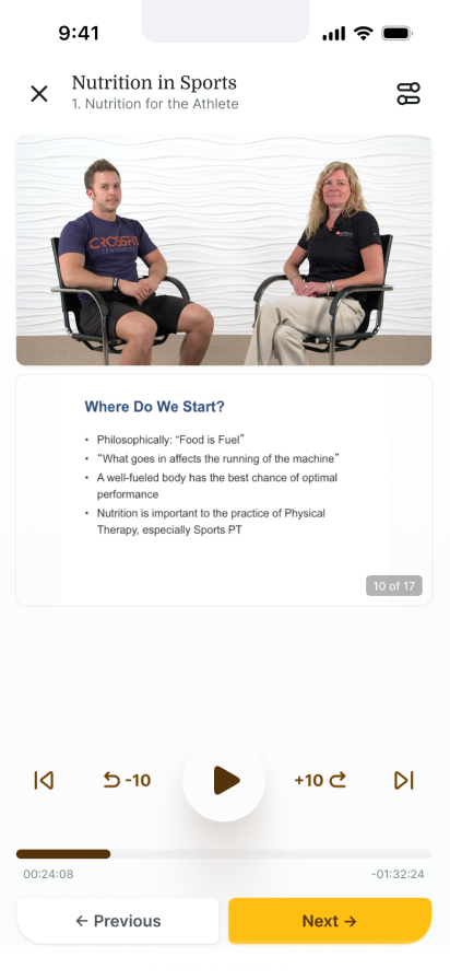 Two people discuss healthcare education as a slide on nutrition in sports and therapy is shown during a medbridge presentation.