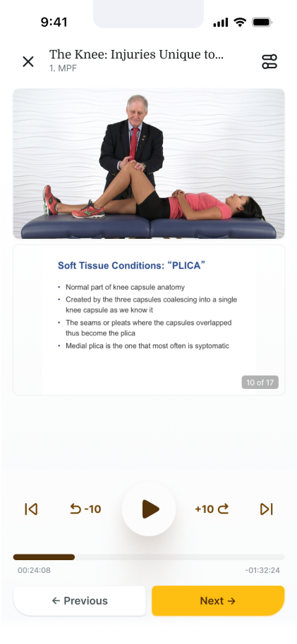 A man shows a knee exam on a woman as a "PLICA" slide displays, highlighting digital healthcare with medbridge.