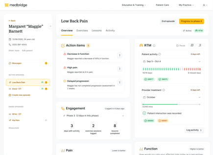 Medbridge dashboard showing Margaret Barnett's low back pain profile, action items, engagement stats, and activity graphs.