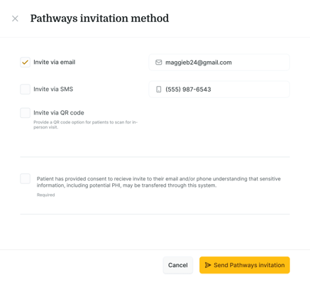 A Pathways invitation form in medbridge with filled email and phone fields, consent checkbox, and send button visible.