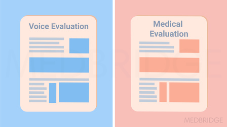 Two documents titled "Voice Evaluation" and "Medical Evaluation" illustrate medbridge's digital healthcare integration.