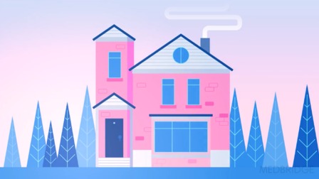 Pink house with blue accents and trees on a gradient background, symbolizing medbridge's vision of peaceful healthcare education.