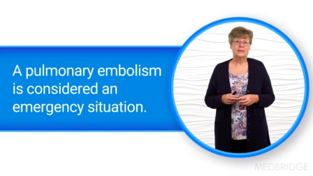 A woman stands next to a blue text box emphasizing that pulmonary embolisms are emergencies, highlighting medbridge's role in modern critical care solutions.