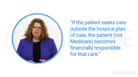 A person with curly hair and glasses in a purple blazer stands by a quote on financial responsibility for care beyond hospice plans, highlighting healthcare education's role in hybrid care options.