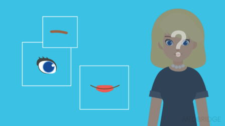 Illustration of a faceless figure and facial panels on blue, symbolizing medbridge's healthcare education in recognizing expressions.