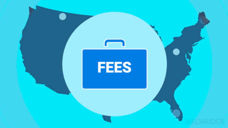 Map of the U.S. with a blue suitcase icon labeled "FEES," symbolizing digital healthcare advances from medbridge software.