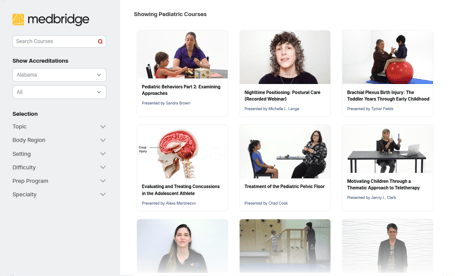 A webpage displaying pediatric courses with thumbnails, titles, and instructors on medbridge.