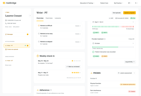 A medbridge dashboard shows a patient's physical therapy progress, with check-ins, adherence, program info, and health scores.