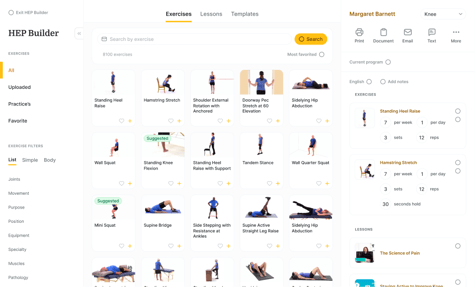 A medbridge web page shows knee therapy exercises with images, filters, and a user profile in the sidebar.