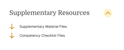 Supplementary Resources section with download arrows for files and an upward arrow icon, supporting medbridge healthcare education.