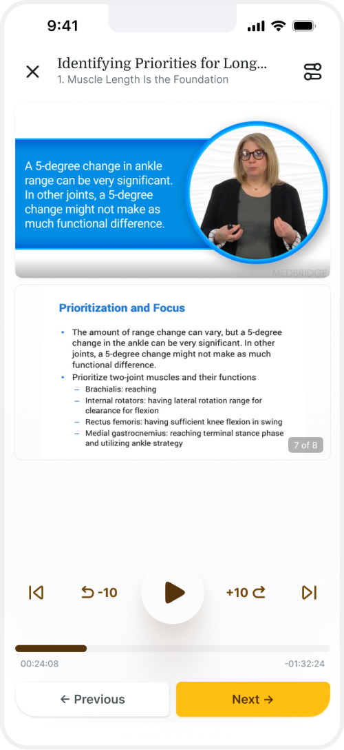 Mobile app screenshot on ankle mobility, showing presenter, bullet points, media controls, and medbridge hybrid care integration.