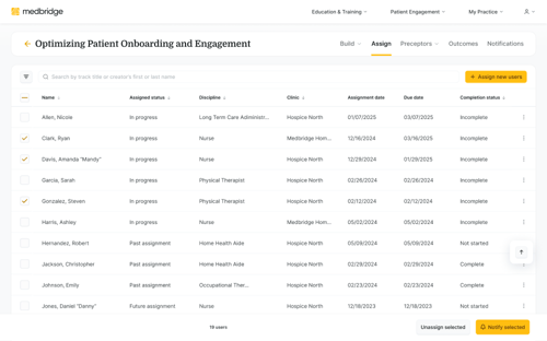 A medbridge dashboard shows patient names, progress, clinic info, dates, status, and checkboxes for healthcare management.
