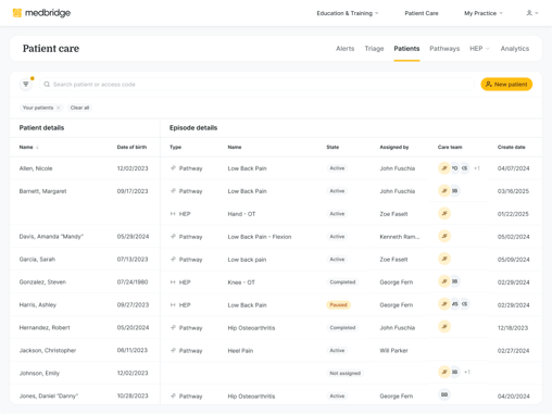 A medbridge dashboard shows patient info like name, status, care team, and provider in a table for fast tracking.