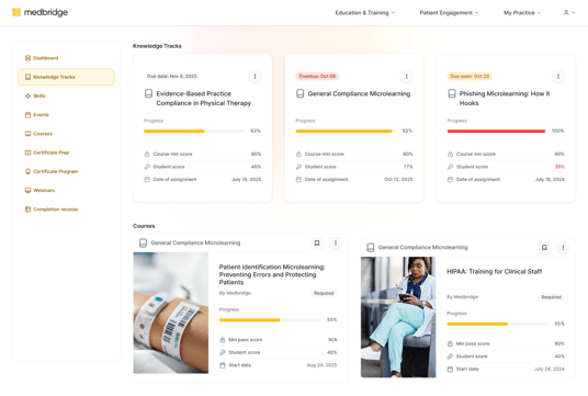 A medbridge dashboard shows progress bars and percentages for compliance courses like Evidence-Based Practice and Microlearning.