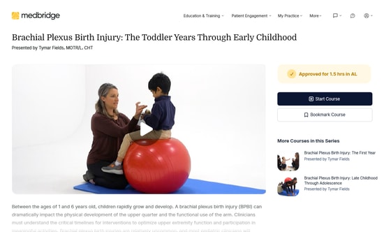 In a clinical setting, a person guides a child on a red exercise ball, illustrating hybrid care in patient engagement by Medbridge.