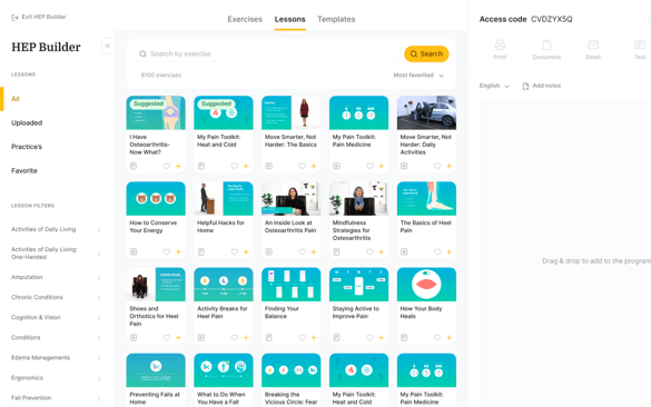 A medbridge dashboard with lesson cards, a left sidebar, and an access code panel on the right for healthcare navigation.