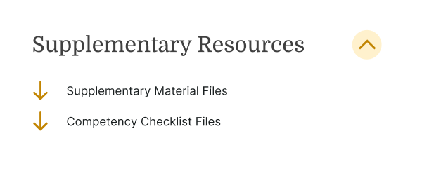 Supplementary Resources" with two download links supporting healthcare education; upward arrow icon at right.