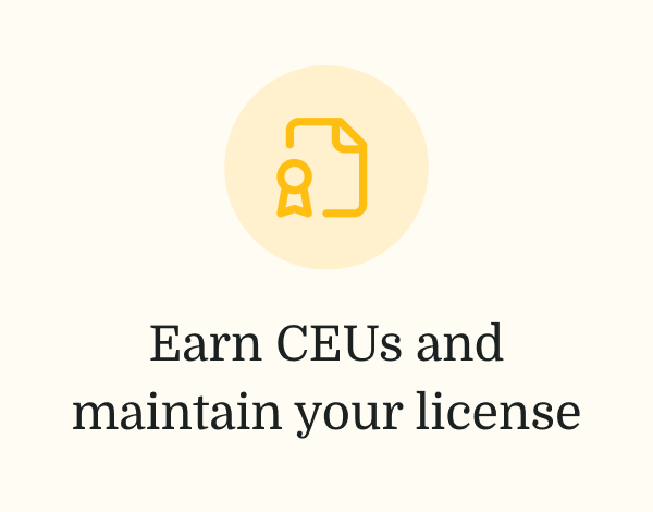 Yellow certificate icon with "Earn CEUs and maintain your license" text below, on a light background for medbridge users.