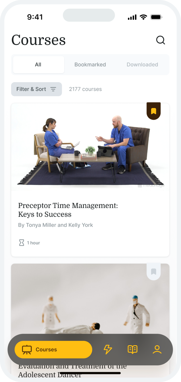 Medbridge courses app screen with search bar, filters, and list including "Preceptor Time Management" and a talking duo thumbnail.