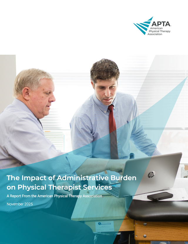 Two men look at papers and a laptop; cover mentions administrative burden in physical therapy and digital healthcare’s impact.