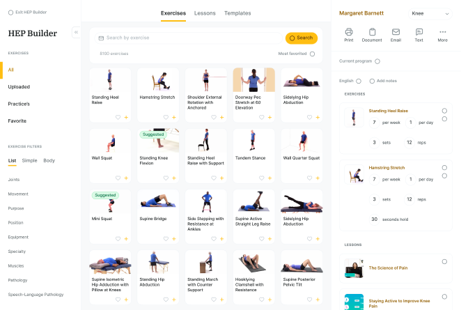 Screenshot of a Medbridge patient care interface showing physical therapy exercises and instructions for Margaret Barnett.