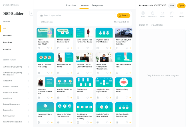 Screenshot of Medbridge lessons showing a grid of cards, sidebar menu, and access code for digital healthcare education.