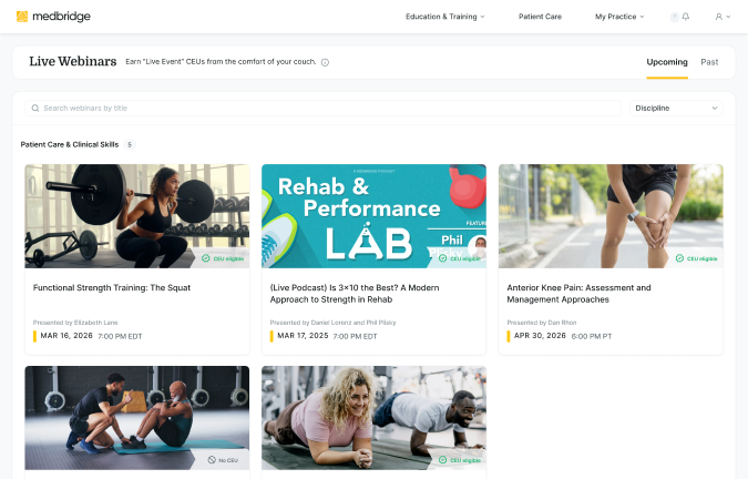 Webpage shows medbridge webinars on patient care, rehab, knee pain, and squats, with digital tools and event details.