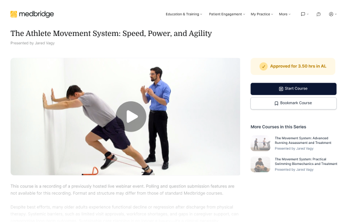 A man does a resistance band exercise against a wall as another instructs him in a studio, showing medbridge healthcare training.