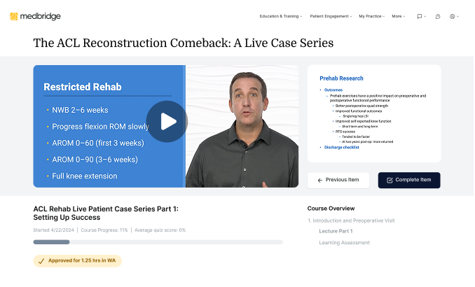 A man discusses ACL rehab on camera, with digital guidelines and prehab research shown next to medbridge course navigation.