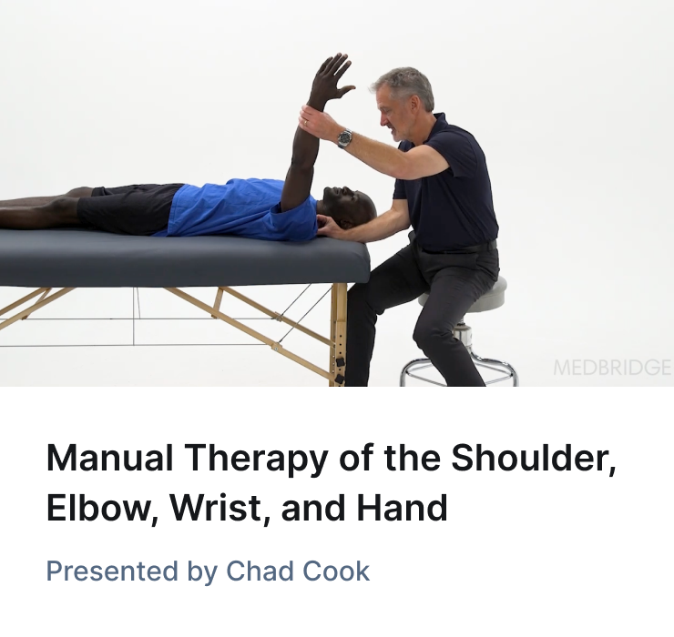 A therapist demonstrates shoulder therapy in a Medbridge course presented by Chad Cook.