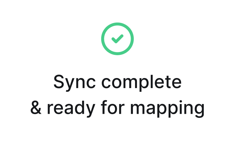A green checkmark above "Sync complete & ready for mapping" on white, showing success in hybrid care with medbridge.