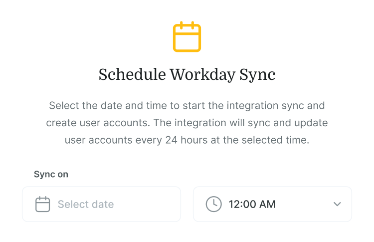 A Workday scheduling screen for medbridge digital healthcare sync, with date/time set to 12:00 AM and a brief hybrid care explanation.