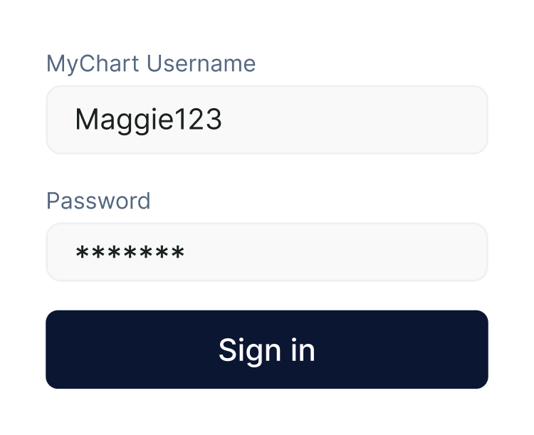 MyChart login screen with username "Maggie123," filled password field, and "Sign in" button for secure digital healthcare.