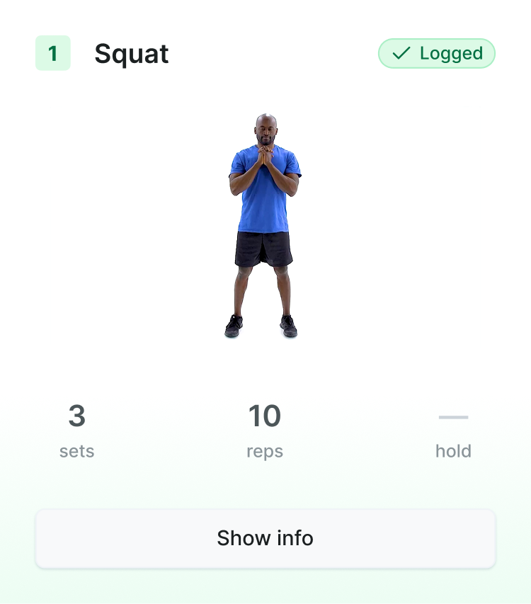A person stands with hands clasped at chest to squat, with a medbridge exercise log showing 3 sets of 10 reps.