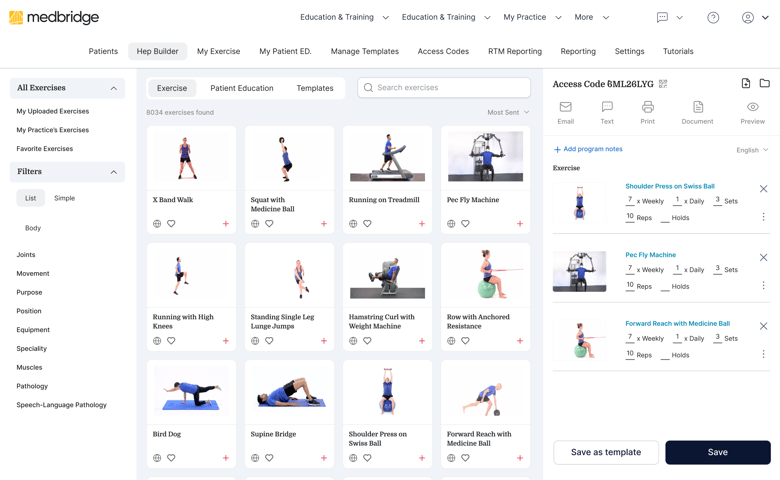 The medbridge exercise library shows exercise thumbnails like "2 Hand Walk" and "Running on Treadmill," with selections saved as a template.